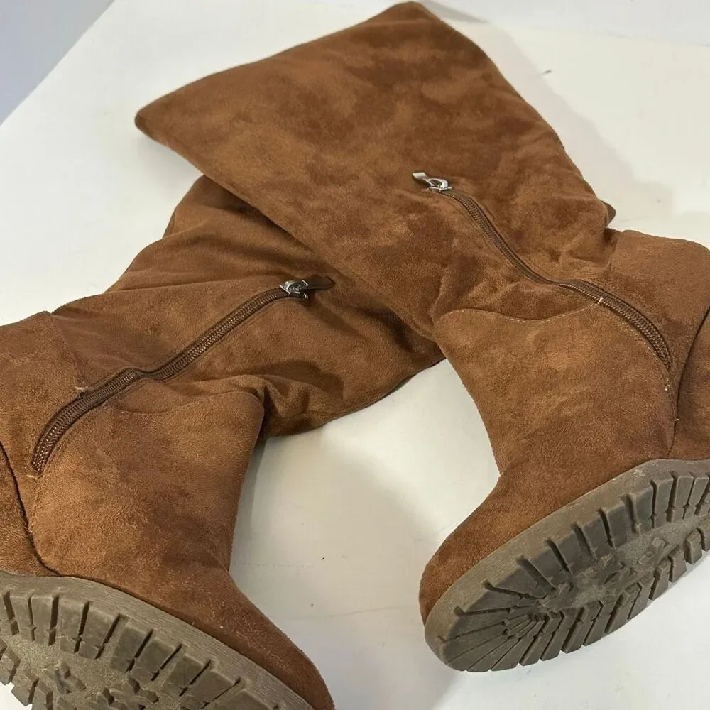 Journee Collection Women’s Micro Suede Knee High Wedge Boots Brown/Tan Faux Sued